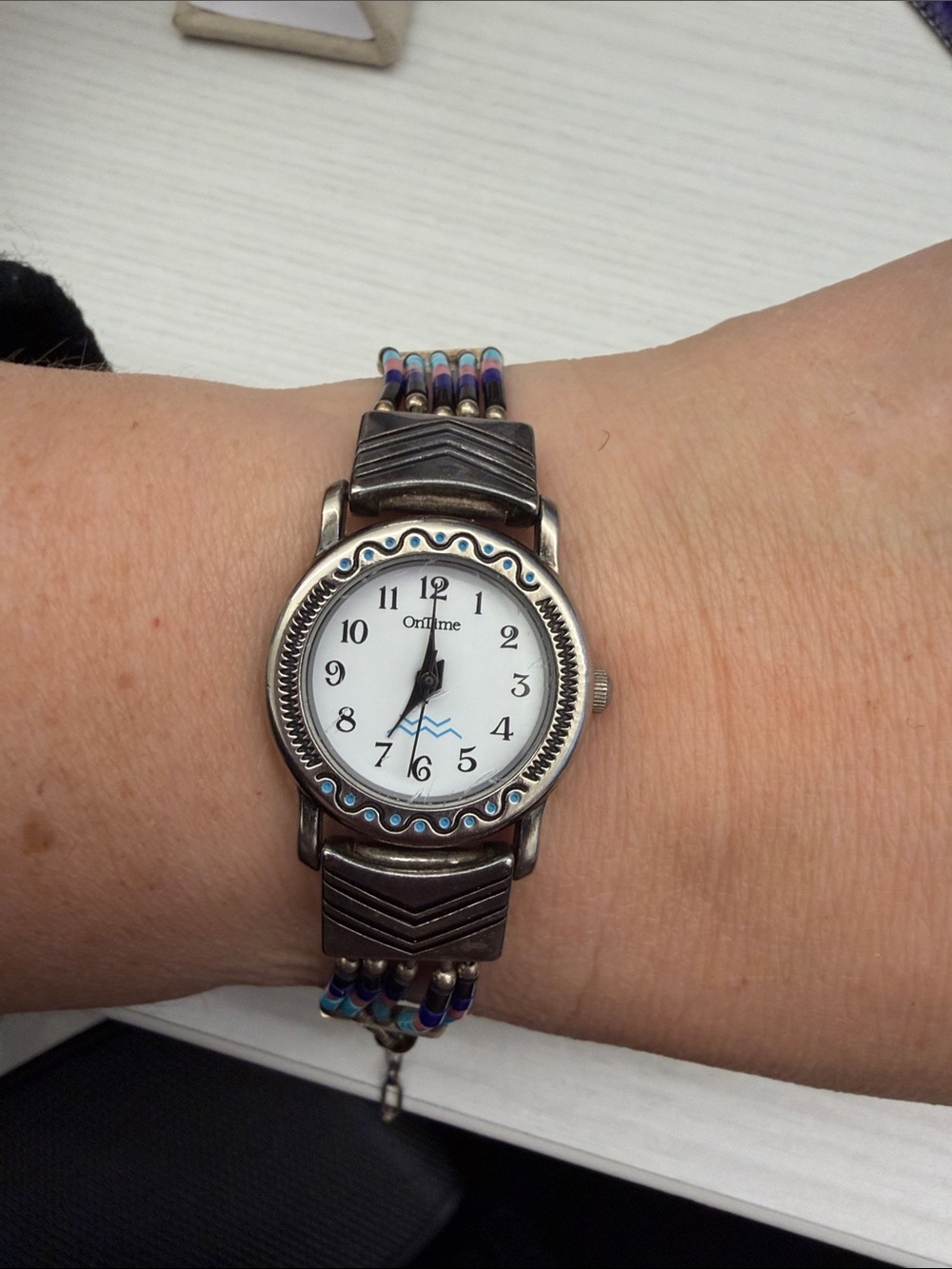 Native Oriflame Women's Sterling Silver Silver Analog Watch with Blue Accents